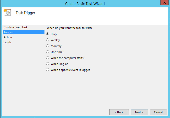 Create Basic Task Wizard screen with Trigger highlighted in the list of steps on the left and a list of choices for when to start the task (for example, Daily, Weekly, etc.) with Daily selected on the right, as well as a Back button, a Next button, and a Cancel button at the bottom right of the screen, and a Close button in the top right corner